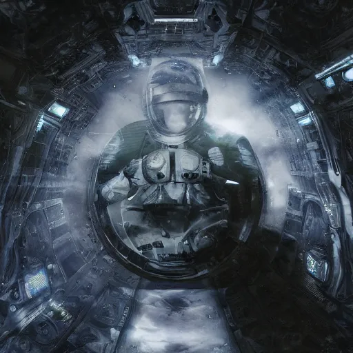 Image similar to concept art by craig mullins astronaut in futuristic dark and empty spaceship underwater. infrared complex and hyperdetailed technical suit. mandelbulb fractal. reflection and dispersion materials. rays and dispersion of light. volumetric light. 5 0 mm, f / 3 2. noise film photo. flash photography. interstellar movie art