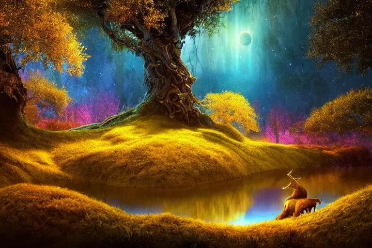 Prompt: vivid surreal landscape : : magic forest nature : : weta disney pixar movie still photo : : decadent highly - detailed digital painting, full length shot, golden ratio, golden hour, galaxies, stars, light trails, lagoon, reflection, night sky, octane render, artstation, smooth, sharp focus, artgerm, mucha, loish, wlop, gogo