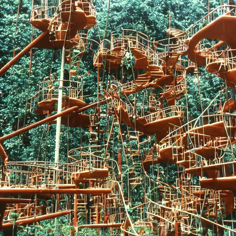 Prompt: full - color closeup 1 9 7 0 s photo of a large complex very - dense very - tall many - level jungle - gym in a crowded schoolyard. the jungle - gym is made of dark - brown wooden planks, and black rubber tires. it has many wooden spiral staircases, high bridges, ramps, and tall towers.