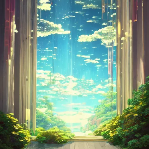 Prompt: a heavenly dream view from the interior of my symmetrical world of macroscopic plants from a Makoto Shinkai oil on canvas inspired pixiv dreamy scenery art majestic fantasy scenery cozy window frame fantasy pixiv scenery art inspired by magical fantasy exterior