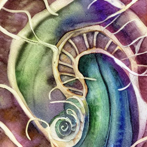 Image similar to delicate marble garden snail spiral on paper floating puffy vines botanical 1 9 2 0 herbarium botanic watercolors coastline iridescent 8 k wide angle realistic shaded fine details, artstation italian rainbow colonnade oak pinecone gardena architecture pompeii boundary wall