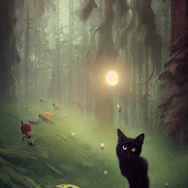 Image similar to a beautiful painting of a single cute black cat in a forest. pixar character design by cory loftis, fenghua zhong, ryohei hase, ismail inceoglu and ruan jia. artstation, volumetric light, detailed, photorealistic, rendered in octane