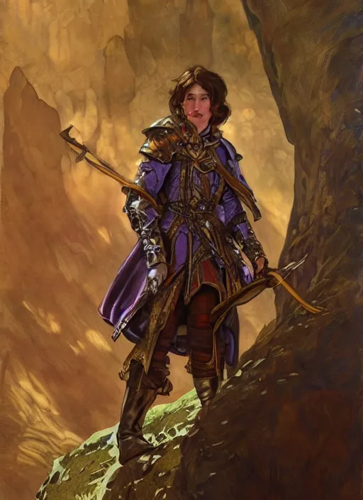 Prompt: a gender neutral hobbit wearing leather armour and a purple smoking jacket, short brown hair. golden wings. fantasy concept art. moody epic painting by james gurney, and alphonso mucha. artstationhq. painting with vivid color. ( dragon age, witcher 3, arcane, lotr )