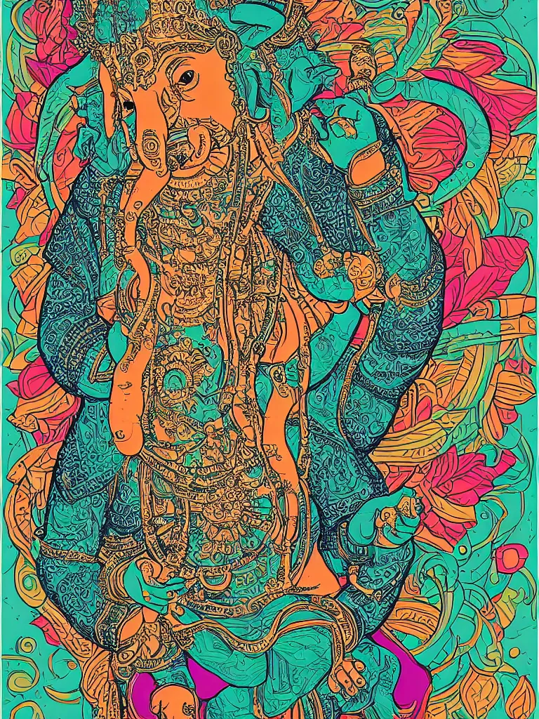 Image similar to portrait of ganesha art by victo ngai sticker, colorful, illustration, highly detailed, simple, smooth and clean vector curves, no jagged lines, vector art, smooth