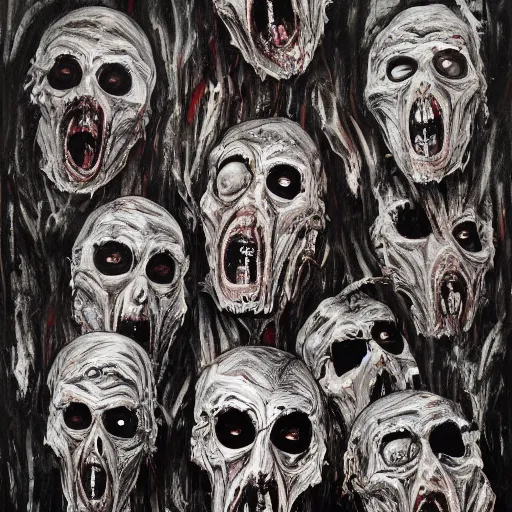 Image similar to multiple faces shredded like paper masks screaming, dark horror, surreal, drawing, painting, oil painting