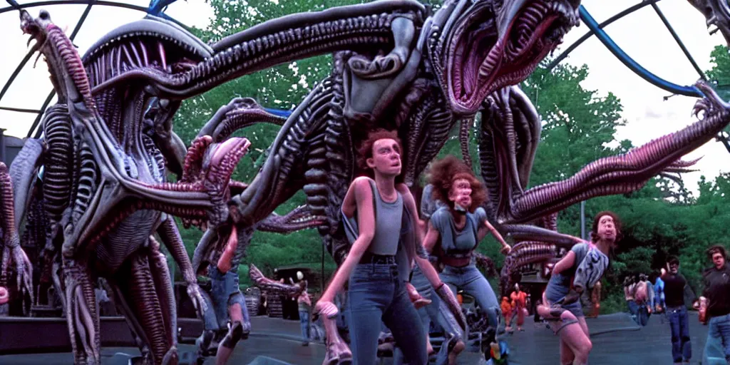 Prompt: aliens from james cameron's 1 9 8 8 film aliens attacking humans at six flags great adventure in new jersey. cinematic 4 k.