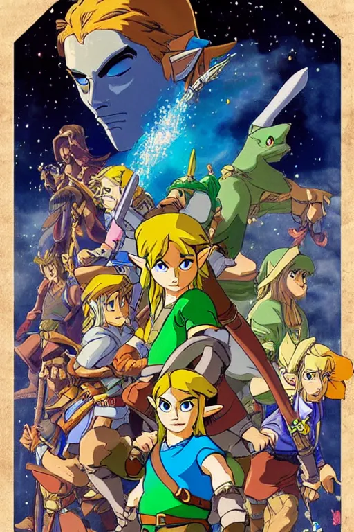 Prompt: Movie poster of Zelda : Link to the Past , Highly Detailed, Dramatic, A master piece of storytelling, by Studio Ghibli, 8k, hd, high resolution print