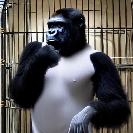 Image similar to bald white man dressed in a gorilla suit in a cage