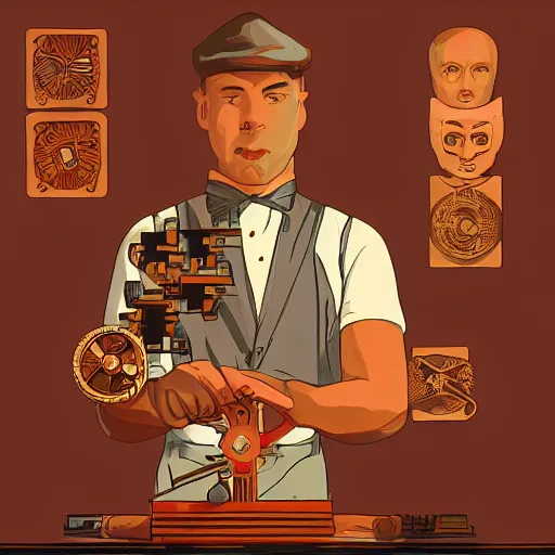 Prompt: a aesthetic portrait of a magician working on ancient machines to do magic, concept art