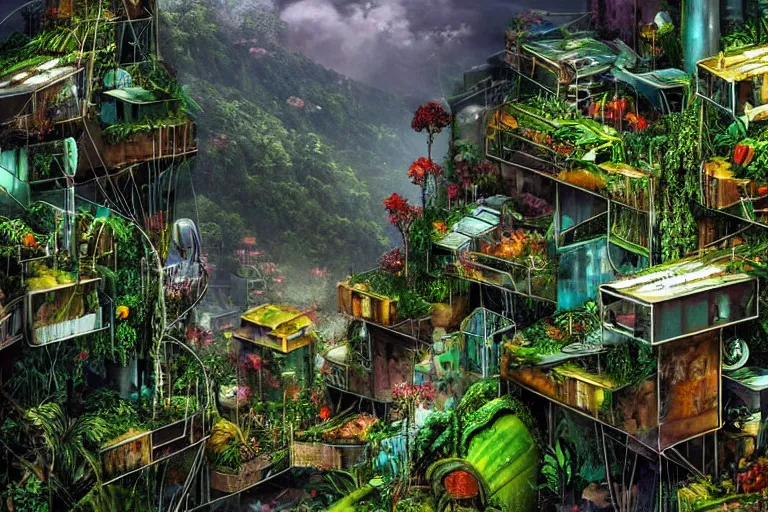 Image similar to favela winding cybernetic bunker, lush floral jungle environment, industrial factory, haunting, award winning art, epic dreamlike fantasy landscape, ultra realistic,