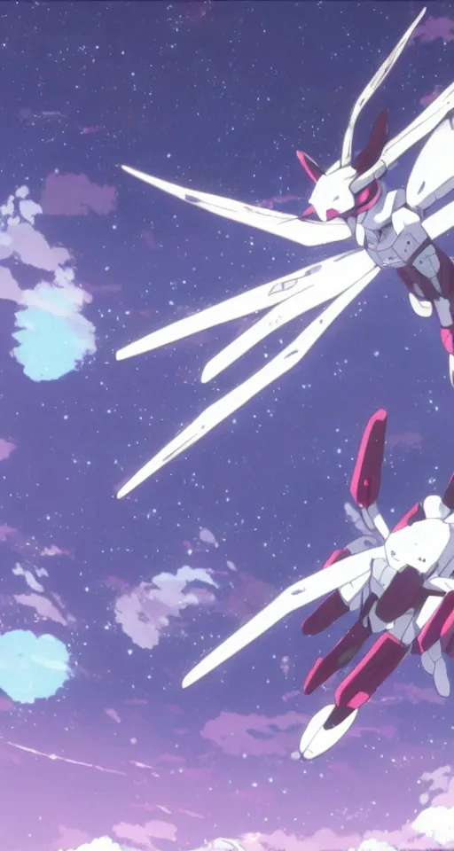 Image similar to a bunny rabbit in the science fiction anime series gundam by makoto shinkai, flying through space