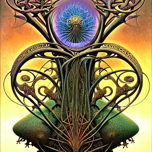 Image similar to divine chaos engine by roger dean and andrew ferez, tree of life, symbolist, visionary, art forms of nature by ernst haeckel, art nouveau, botanical fractal structures, surreality, detailed, realistic