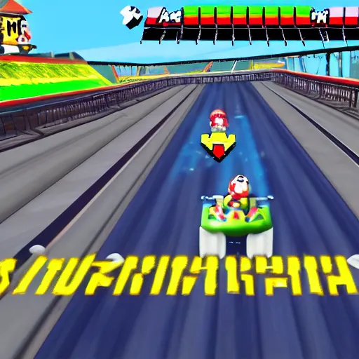 Image similar to video game screenshot of eminem in mario kart