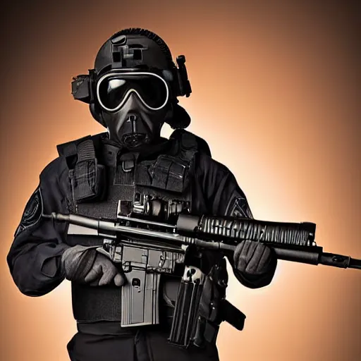 Image similar to portrait of a burning head swat agent with a tactical helmet and goggles holding a machine gun, centered, at night, mid shot, editorial photography