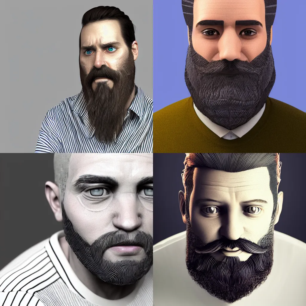 Prompt: a man with a beard and a striped shirt, a character portrait by Tuvia Beeri, behance, generative art, vray tracing, physically based rendering, ambient occlusion