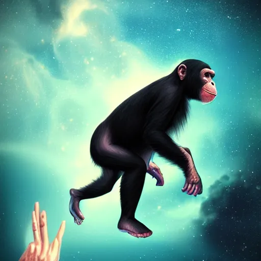 Image similar to a chimpanzee floating through outer space reaching out and touching nebula with it's finger, digital art, concept art, DeviantArt, art station illustration highly detailed artwork cinematic hyper realistic