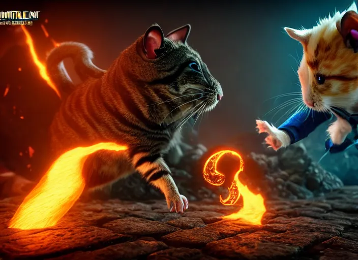 Image similar to hamster fights a cat in mortal kombat at a volcano with shao khan cheering in the background. fantasy magic style. highly detailed 8 k. intricate. lifelike. soft light. sony a 7 r iv 5 5 mm. unreal engine with nanite and path tracing