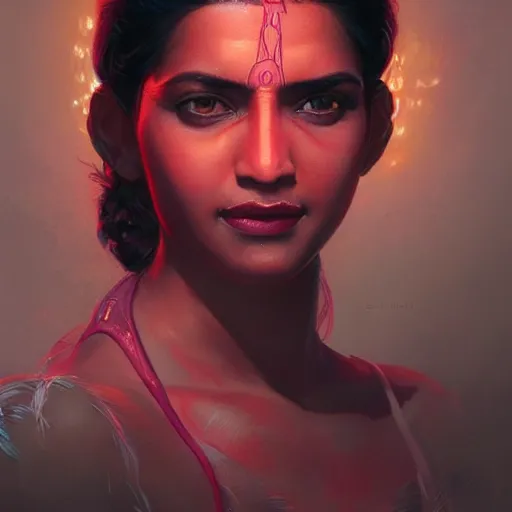 Prompt: portrait of a indian woman with a scaly skin and biotechnical parts and neon light by Artgerm and Greg Rutkowski , digital painting, highly detailed, trending on artstation