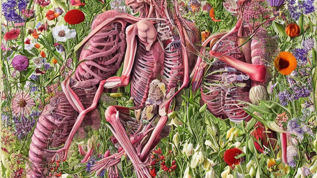 Image similar to highly detailed illustration of a human anatomy body exploded by all the known species of flowers by oliver vernon