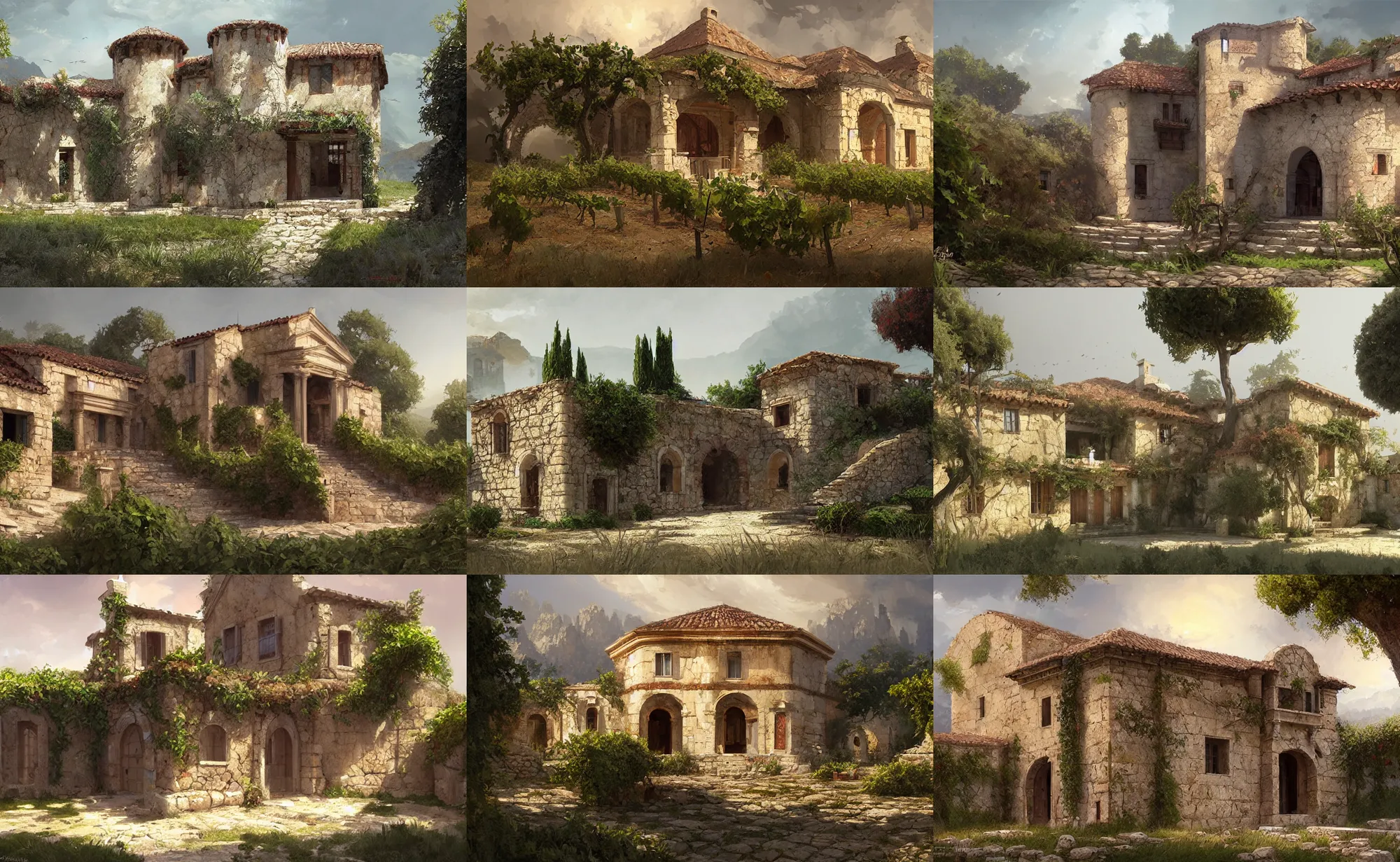 Prompt: ancient mediterranean house, vineyard, digital painting, artstation, concept art, sharp focus, illustration, art by aleksi briclot and greg rutkowski and raphael lacoste