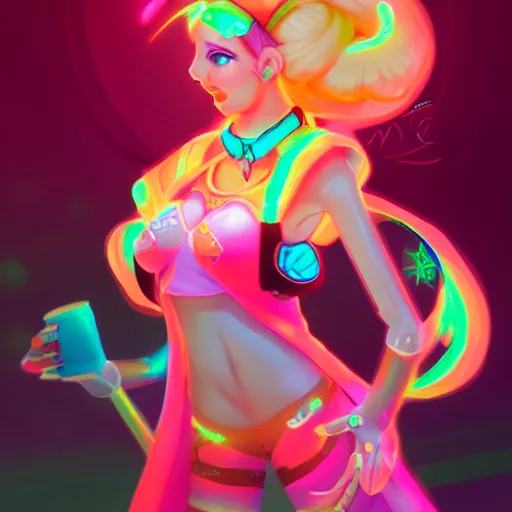 Prompt: Princess peach mixed with jinx from league of legends with neon lighting, trending on artstation, by WLOP
