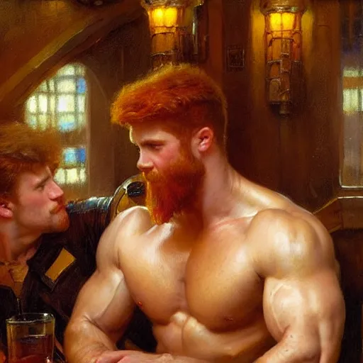 Image similar to attractive muscular mike with ginger hair with muscular attractive tyler with brunet hair, drinking their hearts out, in a pub. very defined and highly detailed painting by gaston bussiere, j. c. leyendecker, craig mullins 8 k