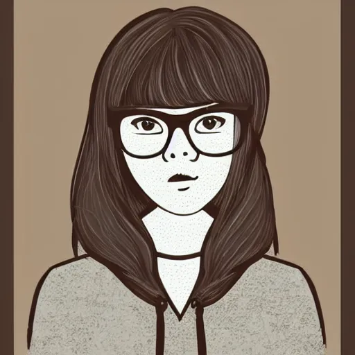 Prompt: portrait of a teenage girl with bangs, brown hair and bangs, round silver glasses with thin rims, wearing a gray hoodie with black sleeves, digital art, elegant pose, simple illustration with thick lineart