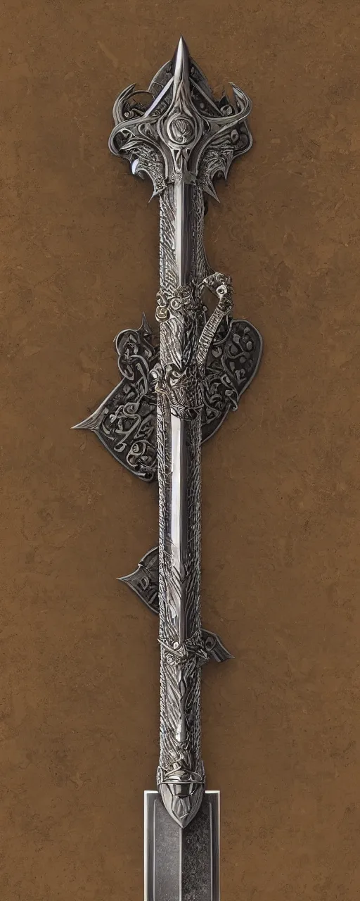 Image similar to sword of justice hanging on a wall, ornate gem in pommel, engraved blade, serrated point, herringbone floor, low angle, museum display, greg rukowski, boris vallejo