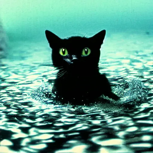 Prompt: vhs footage of a black cat swimming around underwater