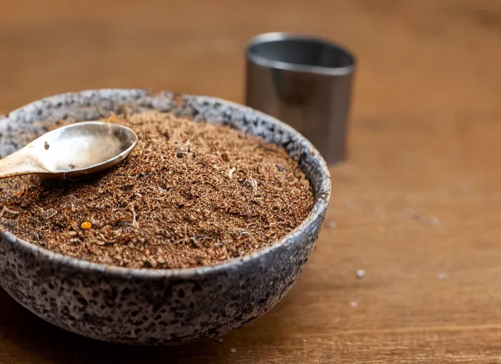 Image similar to dslr food photograph of a a bowl filled with rusty nails and milk with a spoon placed on the table next to it, 8 5 mm f 1. 8