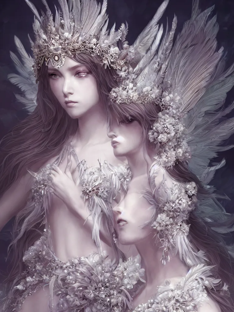 Prompt: ((A beautiful fantasy empress)), highly detailed full body, beautiful eyes, detailed intricate white flower tiara, feathers, ((wearing aristocrat robe)), highly detailed figure, fractal crystal, epic composition, ultra wide-shot, dynamic pose, concept art, beautifully lit, digital painting, smooth, desaturated color theme, character design, sharp focus, elegant, intricate, post processing, artstation, by WLOP, James Jean, Victo Ngai, ryohei hase