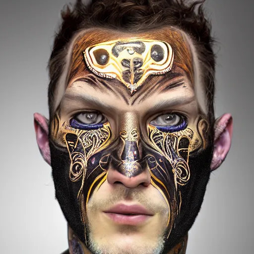 Image similar to an award finning closeup facial portrait by akseli kallen gallela luis rogyo and john howe of a bohemian male cyberpunk traveller clothed in excessivelyg fashionable 8 0 s haute couture fashion and wearing ornate art nouveau body paint