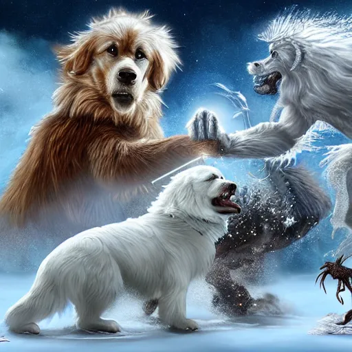 Image similar to fantasy art ultra detailed photo of a yeti and great pyrenees dog fighting a dragon in a blizard