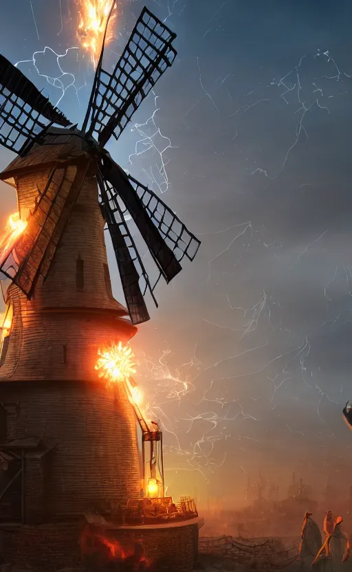 Image similar to a steampunk windmill, robot, blue fire, ash rain, electricity lightning, concept art, sharp focus, intricate details, highly detailed, disney pixar, octane render, iridescent, anime, 8 k, bokeh