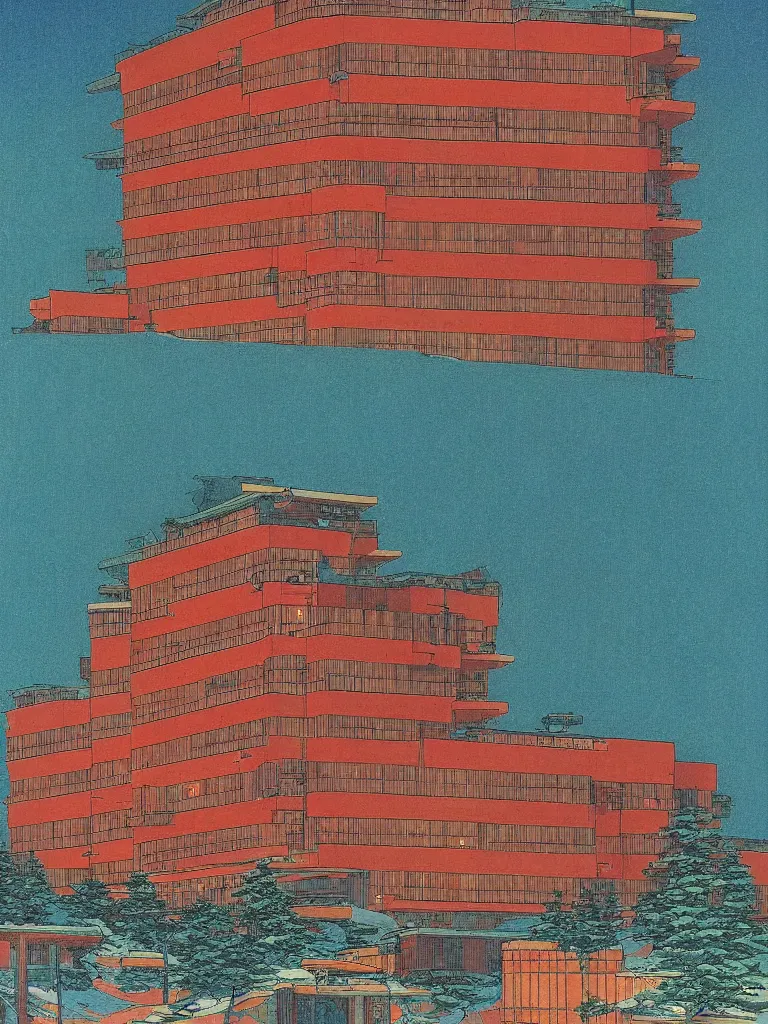 Image similar to a psychedelic hallucination of a brutalist hotel in the snowy mountains, by kawase hasui, moebius, edward hopper, colorful flat surreal design, dramatic lighting, hd, 8 k, artstation