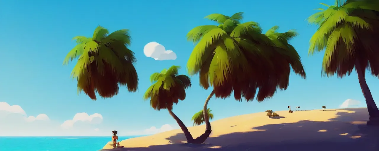 Prompt: painting by goro fujita!! bright blue illustration of a beach horizon with clouds and one palm tree in the style of goro fujita, sharp focus, highly detailed, artstation