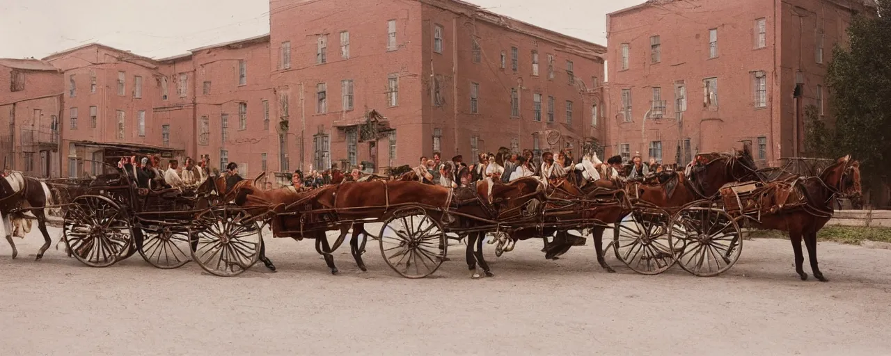 Prompt: 1 8 0 0 s horse drawn carriage carrying spaghetti to a factory building, daguerreotype, ultra - realistic faces, fine detail, anon 5 0 mm, wes anderson, kodachrome, retro