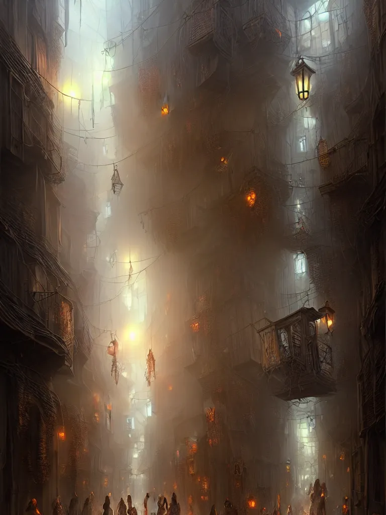 Prompt: street view of a narrow otherworldly gothic alley in the planescape city named sigil, crowded with planescape beings and people, beautiful digital painting in the style of wlop, volumetric lightning, intricate details, ultra realistic, by art germ, by greg rutkowski, vibrant deep colors, amazing d & d art, cgsociety contest winner, sharp