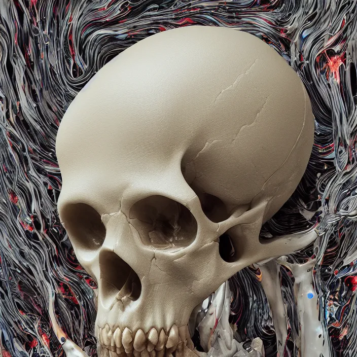 Image similar to portrait of a melting wax skull. intricate abstract. sharp teeth. delicate artwork. infected by zombie fungus. by Tooth Wu, wlop, beeple, dan mumford. octane render, trending on artstation, greg rutkowski very coherent symmetrical artwork. cinematic, hyper realism, high detail, octane render, 8k, depth of field, bokeh. chrome accents.