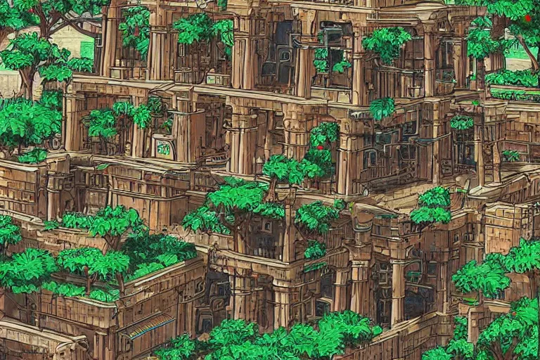 Prompt: ancient city of Babylon, hanging gardens of babylon. Robot mechas roaming the streers of ancient babylon. By ash ketchum, highly detailed