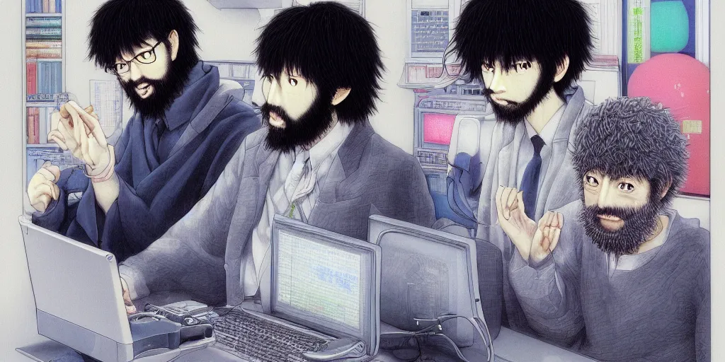 Image similar to programmer, man with beard, computer by hisashi eguchi, kentaro miura, and yoshitaka amano, soft colors, futuristic, 8 k