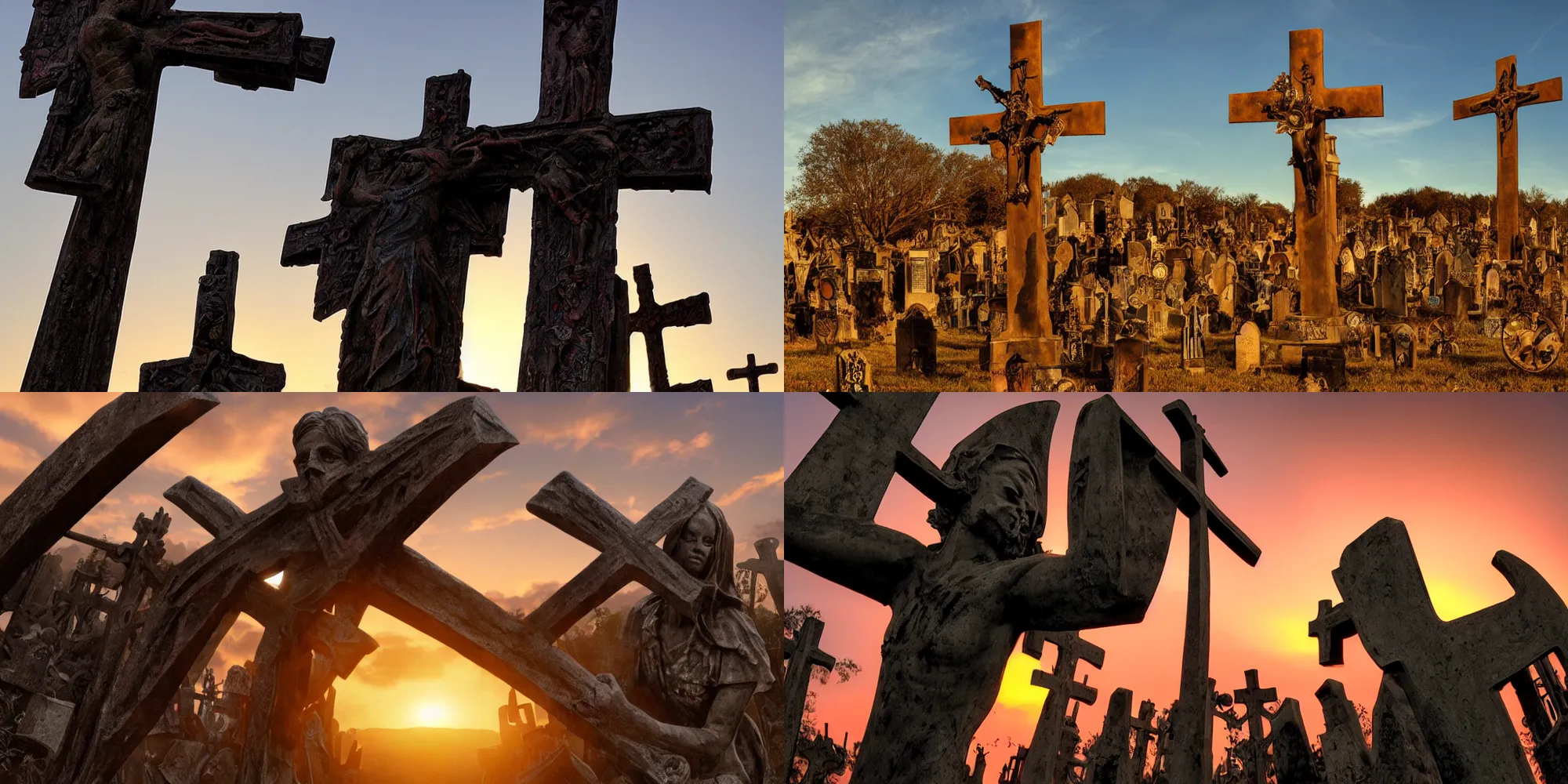 Prompt: souls graveyard giant oversized cross statue all backlight sunset panorama by frazetta
