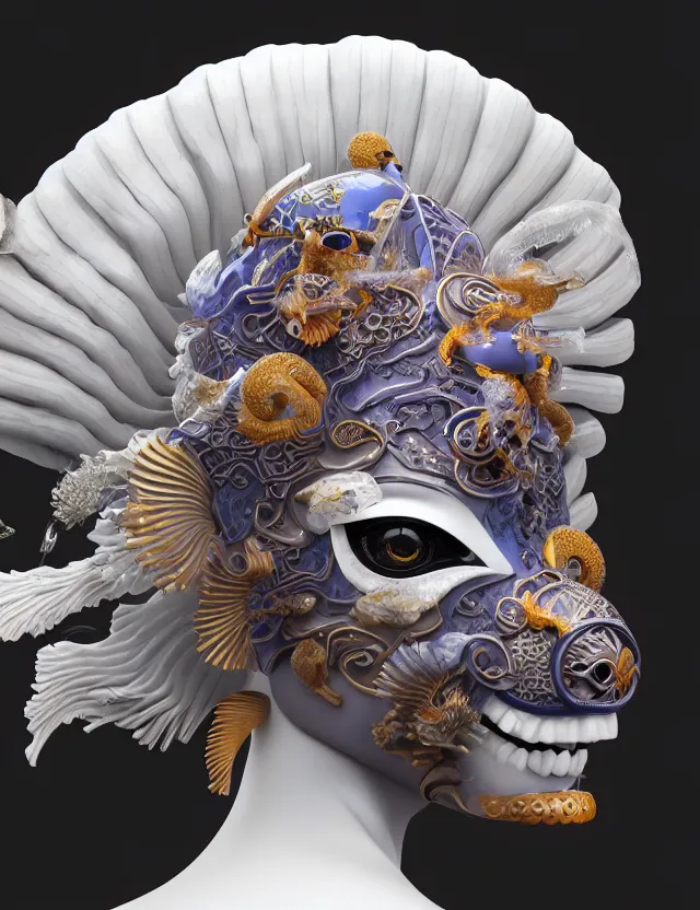 Image similar to 3 d goddess close - up profile portrait biomechanics with ram skull. beautiful intricately detailed japanese crow kitsune mask and clasical japanese kimono. betta fish, jellyfish phoenix, bio luminescent, plasma, ice, water, wind, creature, artwork by tooth wu and wlop and beeple and greg rutkowski