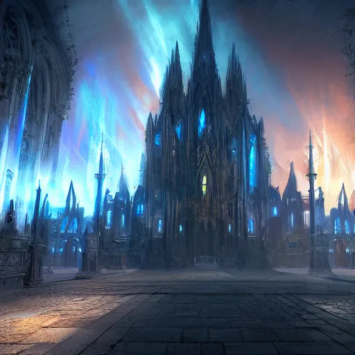 Prompt: a huge dark eldritch cathedral filled with blue ray traced light by WLOP and tony sart and bekinski, god rays, fantasy art, 4k, HDR, photorealistic, 8k, trending on artstation