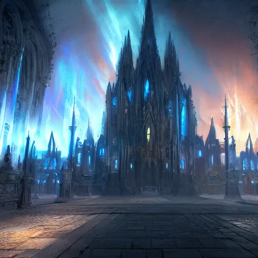 Image similar to a huge dark eldritch cathedral filled with blue ray traced light by WLOP and tony sart and bekinski, god rays, fantasy art, 4k, HDR, photorealistic, 8k, trending on artstation