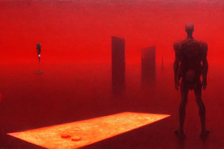 Image similar to only with red, a red god of death eat apple, a futuristic city on mars in background, floor are worms, in the style of beksinski, part by hopper, part by rodcenko, part by hofbauer, intricate composition, red by caravaggio, insanely quality, highly detailed, masterpiece, red light, artstation