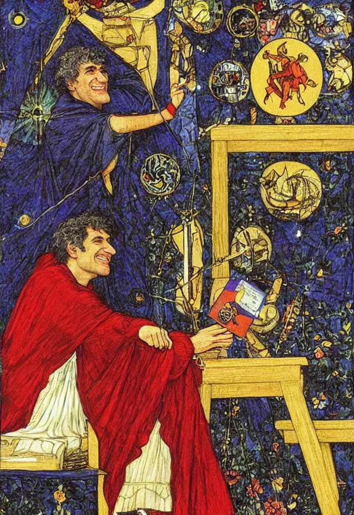 Prompt: Yoshua Bengio smiling on the Tarot card. Illustration by preraphaelists.