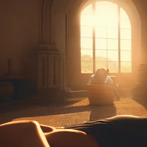 Image similar to a priest sleeping in a large clay pot, foggy, sun rays, cinematic shot, photo still from movie by denis villeneuve, unreal engine 5