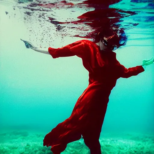 Image similar to beautiful portrait of fashion model in red silk underwater, 35mm film