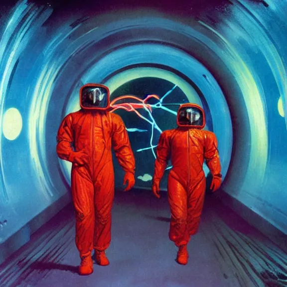 Prompt: two scientists wearing red hazmat suits, entering the geometric neon crystal dimensional gateway by frank frazetta. glowing nebula background.